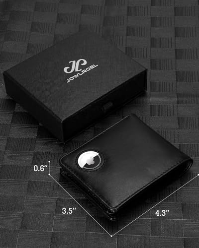 AirTag Wallet - Top Grain Leather Bifold Mens Wallet with AirTag Holder, RFID Blocking Wallet for Men with 2 ID Window 12 Card Holders and Gift Box - Black2