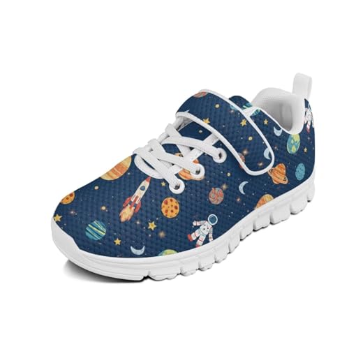 Boys Girls Shoes for Little Kids/Big Kids Machine Washable Lightweight Comfy Athletic Running Shoes Kids Sneakers Light Astronaut Planet Space Pattern（White Sole）