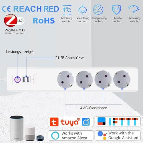 Jinvoo ZigBee Mehrfachsteckdosen, Intelligente Steckdosenleiste Überspannungsschutz, Sprachsteuerung, Timersteuerung, Smart Life APP-Steuerung, Funktioniert mit Alexa Google Home,16A