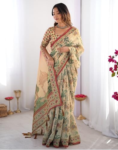 Image of SIRIL Women's Cotton Linen Kalamkari Printed Handloom Saree with Unstitched Blouse Piece