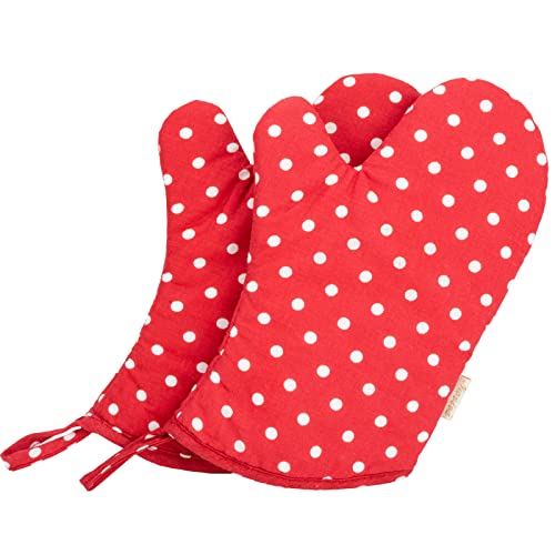 NEOVIVA Kitchen Oven Mitts for Kids, Heat Resistant Cotton Oven Gloves Set of 2 for Cooking Baking, Kitchen Gloves for Farmhouse Restaurant, Polka Dot Red
