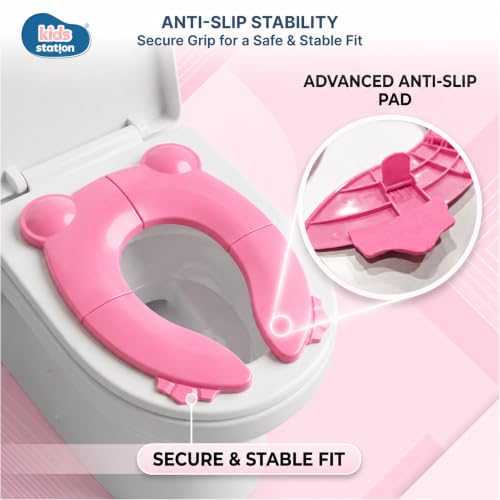 Image of Kids Station Baby Portable & Foldable Baby Unisex Potty Training Toilet Seat with Non-Slip Base, Splash Guard, and Storage Hook-Ideal for 0-6 Year Child, Travel-Friendly (Pink, Foldable Potty Seat)