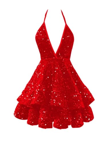 Sparkly Sequin Short Homecoming Dresses for Teens V Neck Tiered Layered Mini Prom Cocktail Party Dress