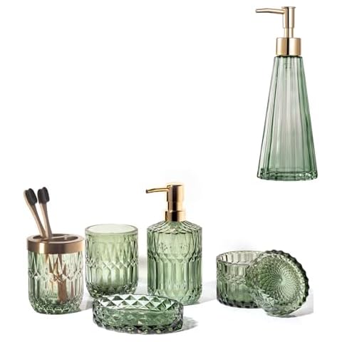 EMPO Vintage Elegant Glass Green Dispenser Plus 6PCS Bathroom Accessories Set - Contemporary Modern Decor Crystal Vintage Gift Cover
