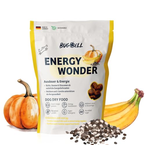 BugBell 800g High Energy Trockenfutter für Hunde, Insektenprotein ohne Getreide, Banane & Kürbis & Chia & Lachsöl & L-Carnitin unterstützen ein aktives Hundeleben, 100% transparente Deklaration