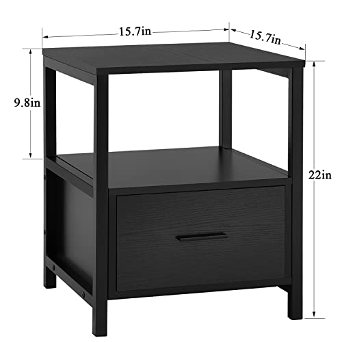 Vecelo Nightstand Set Of 2 With Drawer Modern Square End Side Table For Storage Open Shelf In Bedroom, Living Room, Small Space, Stable Metal Frame, Black, 2 Pack #TOP2