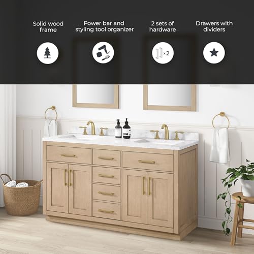 Image of OVE Decors Athea 60 in. Double Sink Freestanding Sahara Birch Bathroom Vanity with White Engineered Marble Top, Matching Backsplash, Power Bar and Brushed Gold Hardware