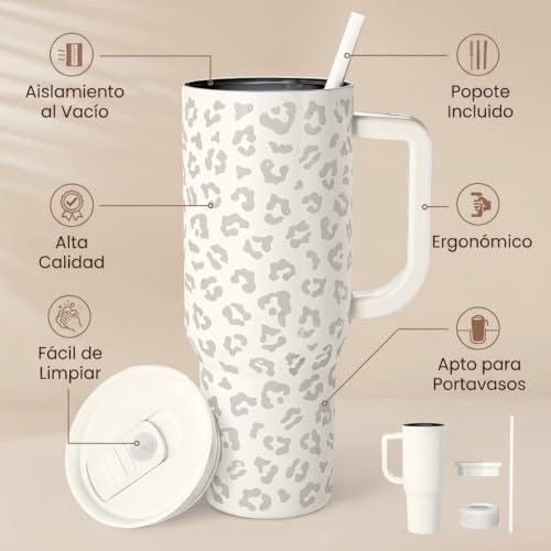 Image of SANDJEST Leopard Tumbler with Handle, Insulated Cup Stainless Steel Travel Mug Cup, Gifts for Women Girl on Birthday Christmas, Cream Leopard, 40oz