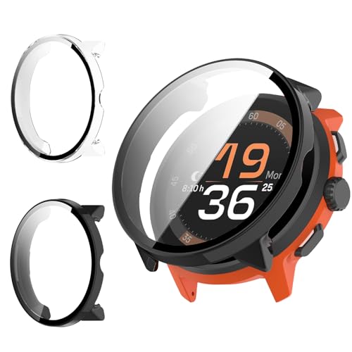 Haofun 2 Piezas Funda Compatible con Suunto Run, para Protector Pantalla Cristal Templado HD Protección Completa PC Dura Estuche Case - Negro + Transparente