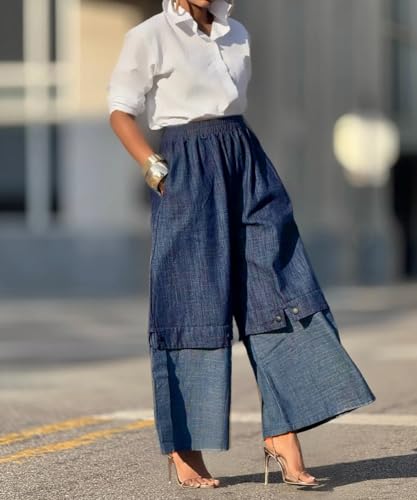 Women's Vintage Elastic Waist Wide Leg Jeans 90S Color Blocking Patchwork Barrel Denim Jeans3