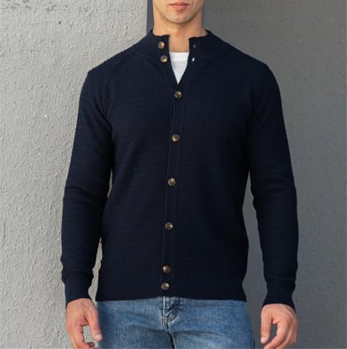Winter Men's Knitted Button Cardigan Sweater Cotton Stand Collar Sweater Casual Warm Sweater Navy Size S 55-65 kg#Size S 55-65 kg2