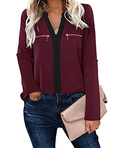 Gaharu Women's Casaul 3/4 Sleeve Shirts Tops V Neck Chiffon Blouses3