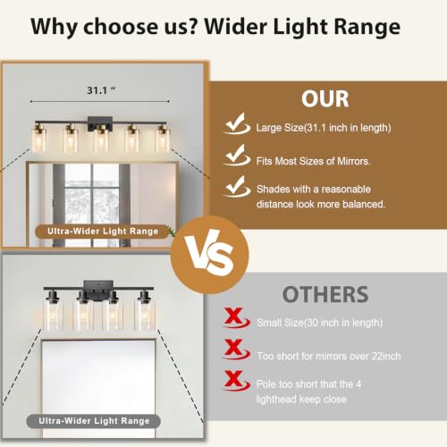 Image of IZORRO Bathroom Light Fixtures, Modern Vanity Lights, Bathroom Lighting Fixtures Over Mirror with Clear Glass Shade, Wall Sconce for Living Room Cabinet Bedroom (Black and Gold, 5-Light)