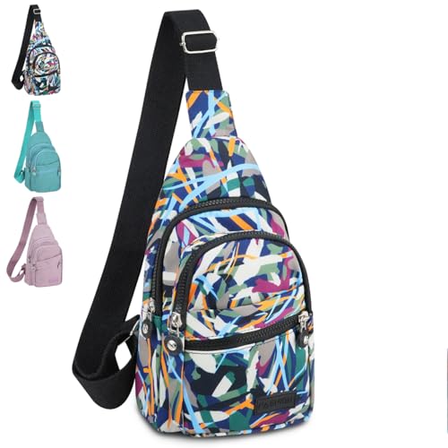 MOAMUN Sling Bag Brusttasche für Damen, Wasserdichtes Nylon Crossbody Umhängetasche, Langlebig Crossbody Rucksack mit Ohrhörer Loch, Leichte Gym Schultertasche für Outdoor (Multicolor)