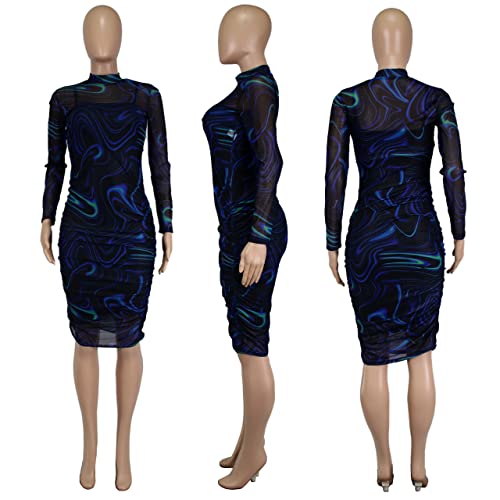 Image of MOEENCN Sexy Long Sleeve Midi Dress for Women Sheer Mesh Printed 2 Piece Skirt Set Crew Neck See Through Bodycon Party