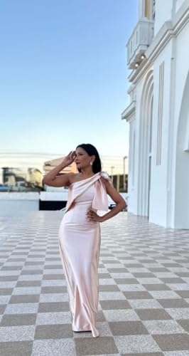 Image of One Shoulder Bridesmaid Dresses with Bow Long Mermaid Satin Back Slit Mother of The Bride Dresses PM004