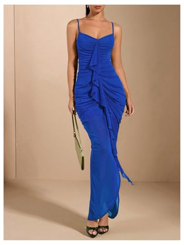Image of Floerns Women's Ruffle Ruched Cami Dress Draped Split Elegant Bodycon Maxi Dresses
