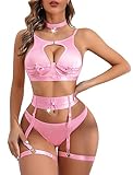 Avidlove Sexy Lingerie Set with Underwire Garter Belt Lingerie Set for Women Bra and Panty 5 Piece with Choker(No Stockings) Pink