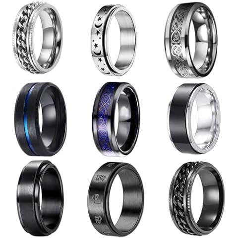 PINCHUAN 9PCS Stainless Steel Rings for Men Black Rings Pack Band Rings for Men Cool Spinner Rings Set Fidget Rings for Men Anillos Para Hombre Wedding Promise Men’s Rings Jewelry-Black-10 Cover