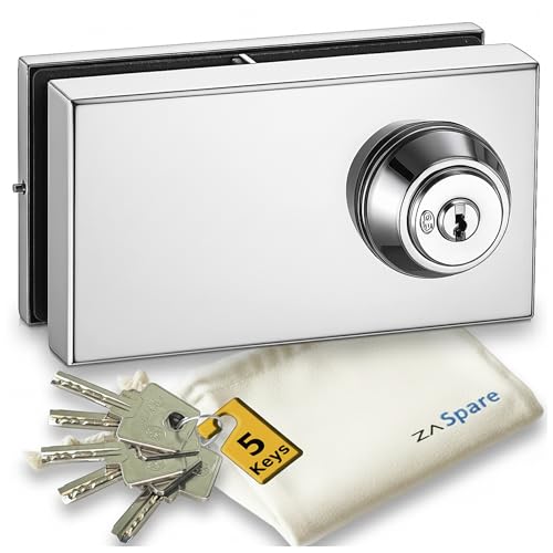 ZASPARE- Cerradura para Puerta de Cristal sin Perforación en Acero Inoxidable AISI 304, Alta Seguridad con 5 Llaves, Ideal Oficinas y Locales Profesionales, Compatible con Puertas de Cristal de 10 mm.