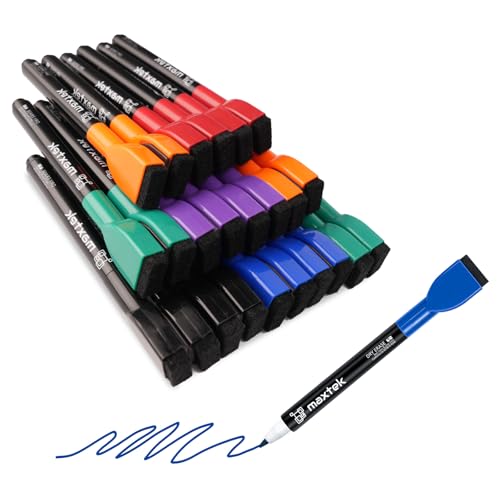 Image of maxtek 24 Count Magnetic Dry Erase Markers, Fine Tip, 6 Colors Whiteboard Markers with Built-in Eraser, Low Odor Thin Markers