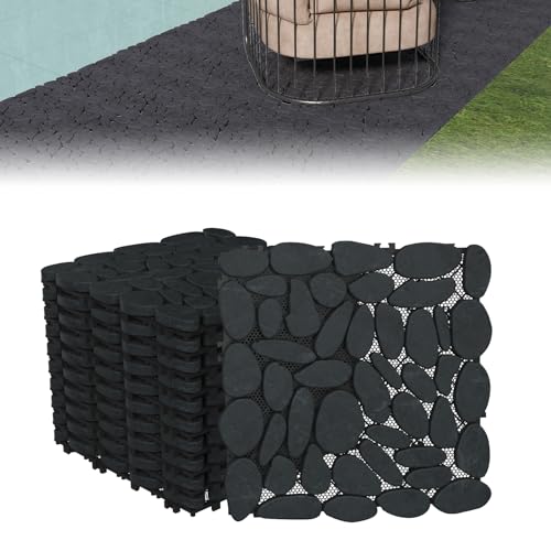 UISEBRT Piastrelle in pietra naturale a taglio di ciottoli, 30 x 30 cm, 11 pezzi per set (circa 1 m²), antiscivolo e opaco, ideali per terrazze, sentieri in giardino, doccia, esterni (nero)