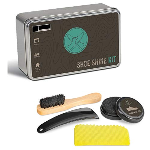 Shoe Shine Box Perfect for On The Go - 4 Pieces Storage Tin Shoe Shine Kit Including Leather Brush and Shoe Polish Applicator to Clean and Shine Your Boots and Shoes