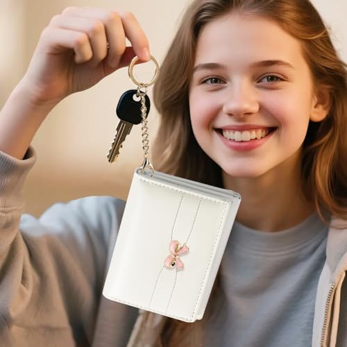 Image of Sunwel Fashion Cute Coquette Bow Wallet with Key-chain Aesthetic Card Holder ID Window for Women Girls (392CREAM)