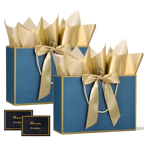 BBLIKE Pochette Cadeau Papier - 2 Pièces Sac Emballage Cadeaux Grand Format Avec Anse, Gift Bag Paquet 28 * 20 * 10CM Luxe Avec Noeud + 2 Cartes + 4 Mouchoirs Pour...