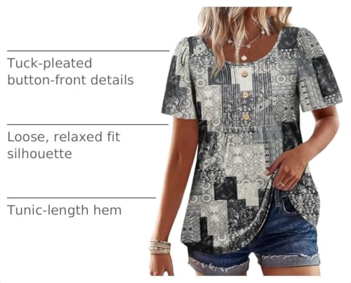 Image of Womens Tops Dressy Casual Blouses Short Sleeve Shirts Plus Size Fashion Clothing Spring Summer Outfits Button Pleated Front