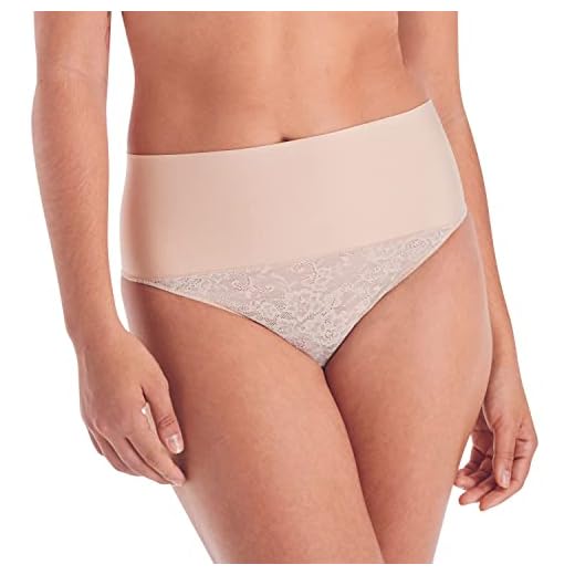 Maidenform womens Tame Your Tummy Shaping Lace Thong With Cool Comfort Dm0049 Waist Shapewear, Transparent/Nude Lace, Small US