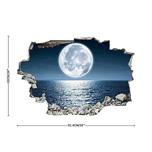 Godblessign Sea Ocean Moon Starry Sky Wall Decal Landscape 3D Break Through Sticker Removable Pvc Funny Art Christmas Home Decor Vinyl Mural For Boy Kids Room Living Room, 6, 36Inx24In #TOP2
