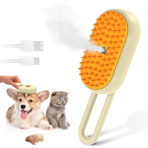 Image of ORIA Cat Steam Brush, 3 in 1 Pet Spray Comb, Self Cleaning Steam Dog Cat Brush, Rechargeable Silicone Grooming Tool with Concealed Handle for Shedding, Hair Removal, Pet Massage