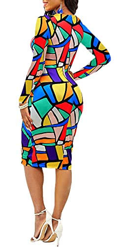 Glozeplus Fashion Bodycon Dresses For Women Sexy Pencil Business Work Long Sleeve Floral Print Slim Midi Dress With Belt #TOP2
