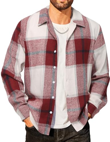 COOFANDY Herren Hemd Kariertes Flanel Hemd Baumwolle Langarm Winter Warm Regular Fit Karo Holzfällerhemd Rot & Weiß XL