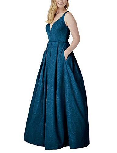 Image of V-Neck Prom Dresses for Women 2025 with Slit A Line Spaghetti Strap Sparkly Formal Party Evening Gown with Pockets,Peacock Blue,US16W