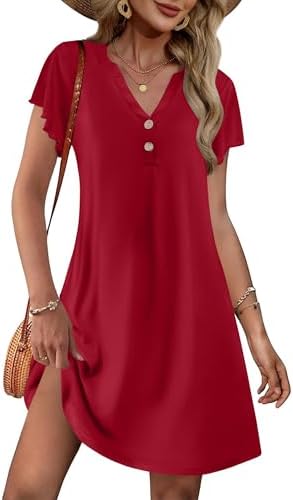 Ekouaer Women's Nightgown Short Flare Sleeve Sleepshirt V-Neck Sleepwear Soft Nightshirt Pajama Dress S-XXL