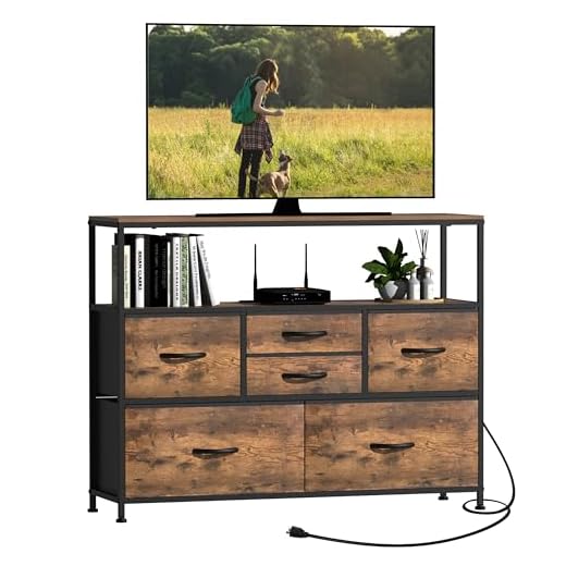 Simoretus TV Stand with Power Outlet and Fabric Drawers Entertainment Center for TV up to 45 inch Industrial Open Storage Shelf Media Console Dresser for Living Room Bedroom