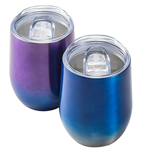 WUJO Vacuum Stainless Steel Wine Tumbler with lid 2 Colorful Insulated Thermal Double Wall CupMug for Wine Cocktails Champagne Coffee 12 oz BLUE