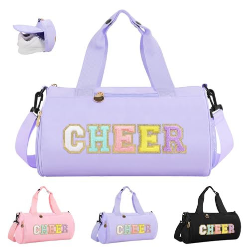 Cheer Bag with Shoes Compartment for Girls Cheerleader Gifts Personalized Cheerleading Sport Gym Duffel Bags Cute Chenille Letter Gymnastics Duffle Bag Cheer Gift for Teen Girl Athletes(Purple)