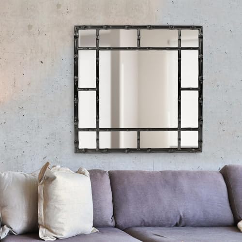 Howard Elliott Collection Large Square Bamboo Style Wall Mirror, Glossy Black Fashion Frame Decorative Hanging Mirror for Bedroom, Bathroom, Entryway & Modern Home Decor, 40 x 40 Inch