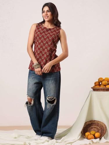 Image of Rimeline Women Printed Cotton Sleeveless Top | Stylish Casual Ethnic Top for Women | Soft Breathable Fabric Summer Top