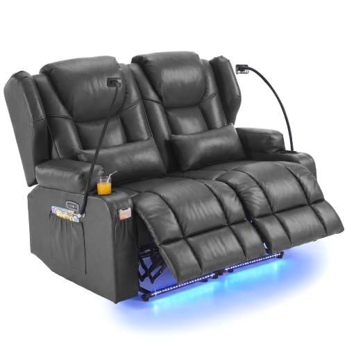 Image of Redlife Power Loveseat Recliner Sofa, PU Leather Dual Reclining Couch with Vibration & Heating, Blue LED Base Lights, USB Ports, Cup Holders & Phone Holders, Home Theater & RV Reclining (Gray)