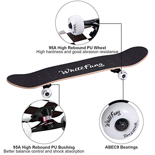 Image of WhiteFang Skateboards for Beginners, Complete Skateboard 31 x 7.88, 7 Layer Canadian Maple Double Kick Concave Standard and Tricks Skateboards for Kids and Beginners