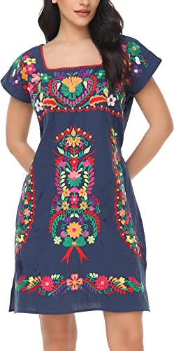 Image of YZXDORWJ Women Mexican Embroidered Dress Ruffle Collar Sleeveless