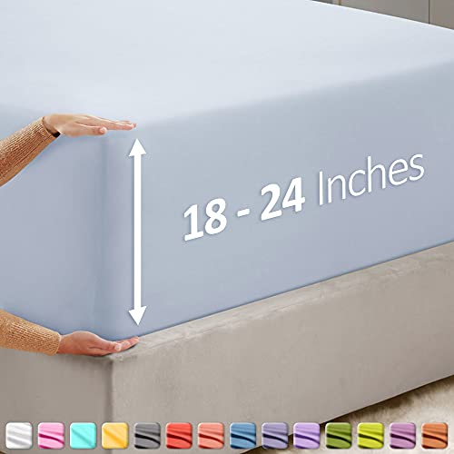 Image of Hearth & Harbor Extra Deep Pocket Queen Fitted Sheet - Fits 18 to 24 Inch Mattress - Ultra Soft 1800 Microfiber, Wrinkle-Free & Breathable - Hotel Luxury Fitted Sheet Only, Ice Blue