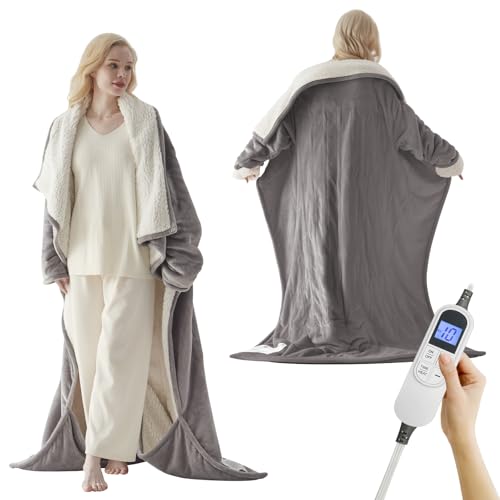 Electric Blanket Wearable with Foot Pockets & Sleeves, Electric Heated Snuggle Blanket, Flannel &...