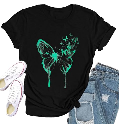 Qskall Womens Butterfly Shirts Watercolor Butterflies T-Shirt Casual Crew Neck Tee Tops