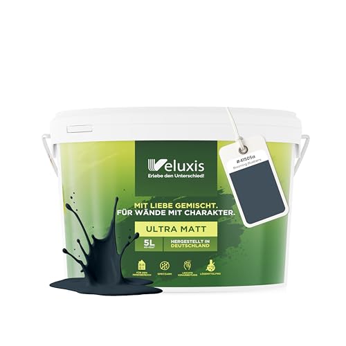 Veluxis® Wandfarbe Blau für den Innenraum - 5 Liter & Deckkraft-Klasse 1, Streifenfrei, tropfarm & Öko Farbe, VOC-frei - (Blooming Blueberry)