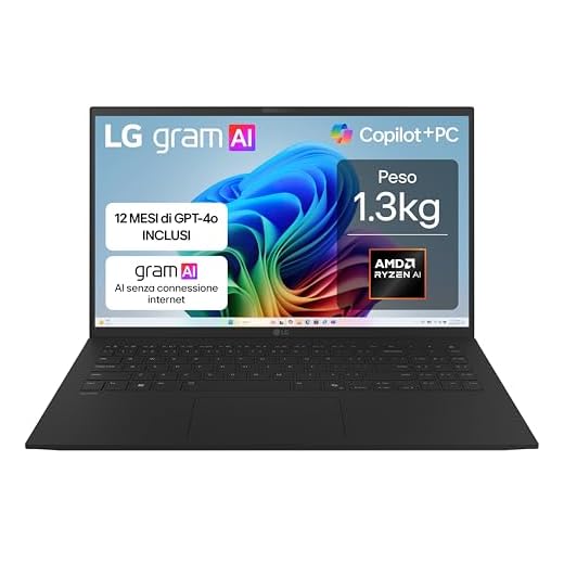 LG gram AI 15Z80T, Notebook 15.6" FHD (1920x1080), AMD Ryzen AI 7 350, 16GB RAM, 512GB SSD, Ultraleggero solo 1.3 kg, Batteria 72Wh, Windows 11 Home, Copilot, scocca in alluminio, Nero